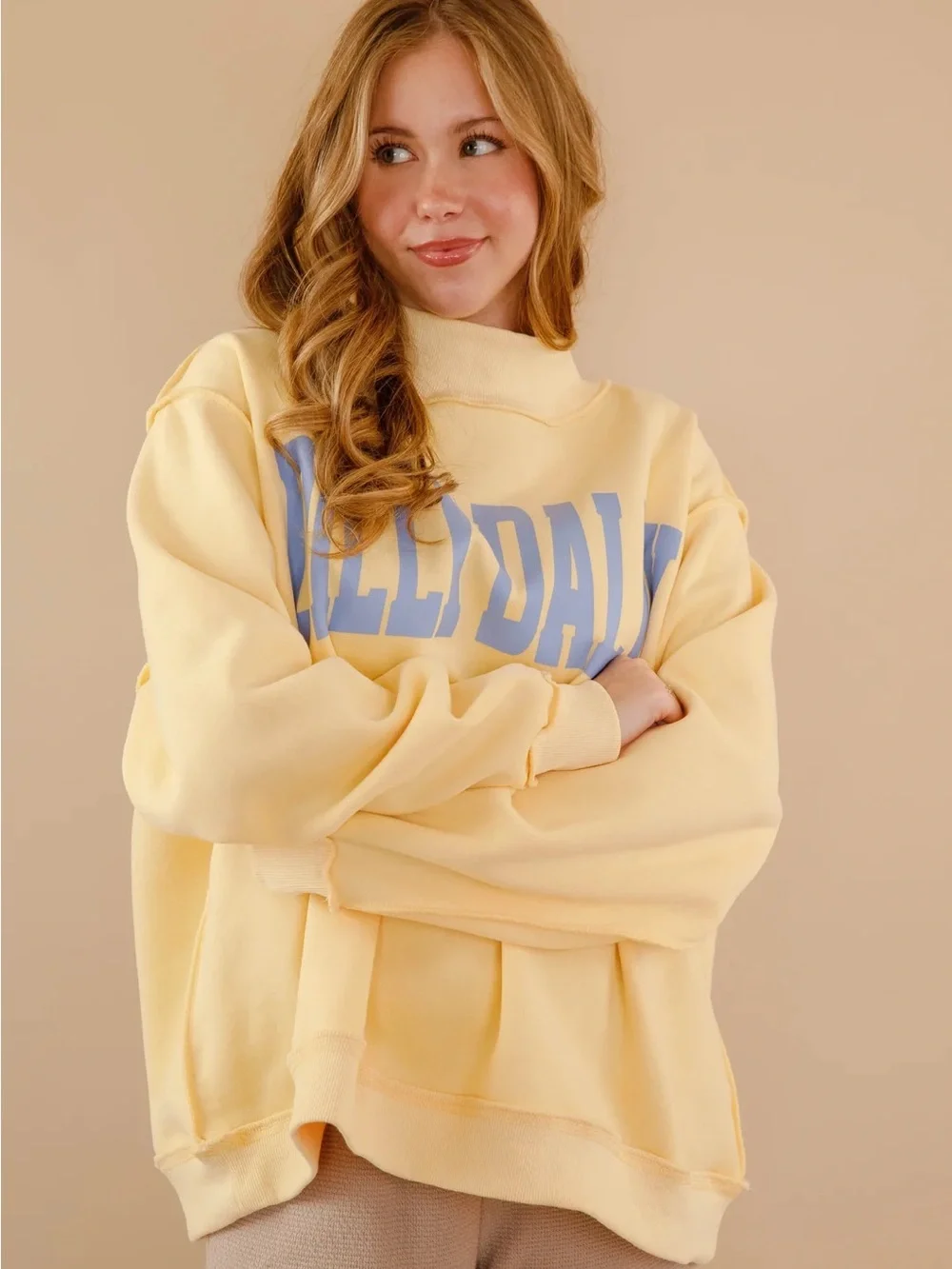 BUCKETLIST Mock Neck Dilly Dally Butter Yellow Pullover Sweatshirt Crewneck M/L